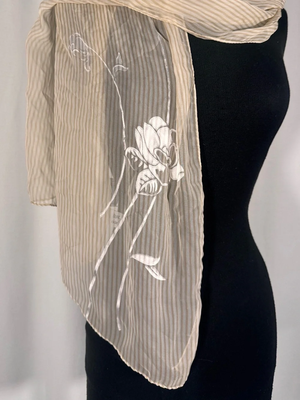 Vintage Worth Silk Blend Ivory Stripe Floral Scarf